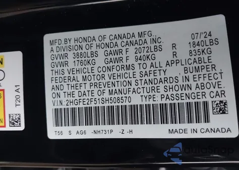 2025 Honda Civic Sport from USA, damaged, VIN 2HGFE2F51SH508570